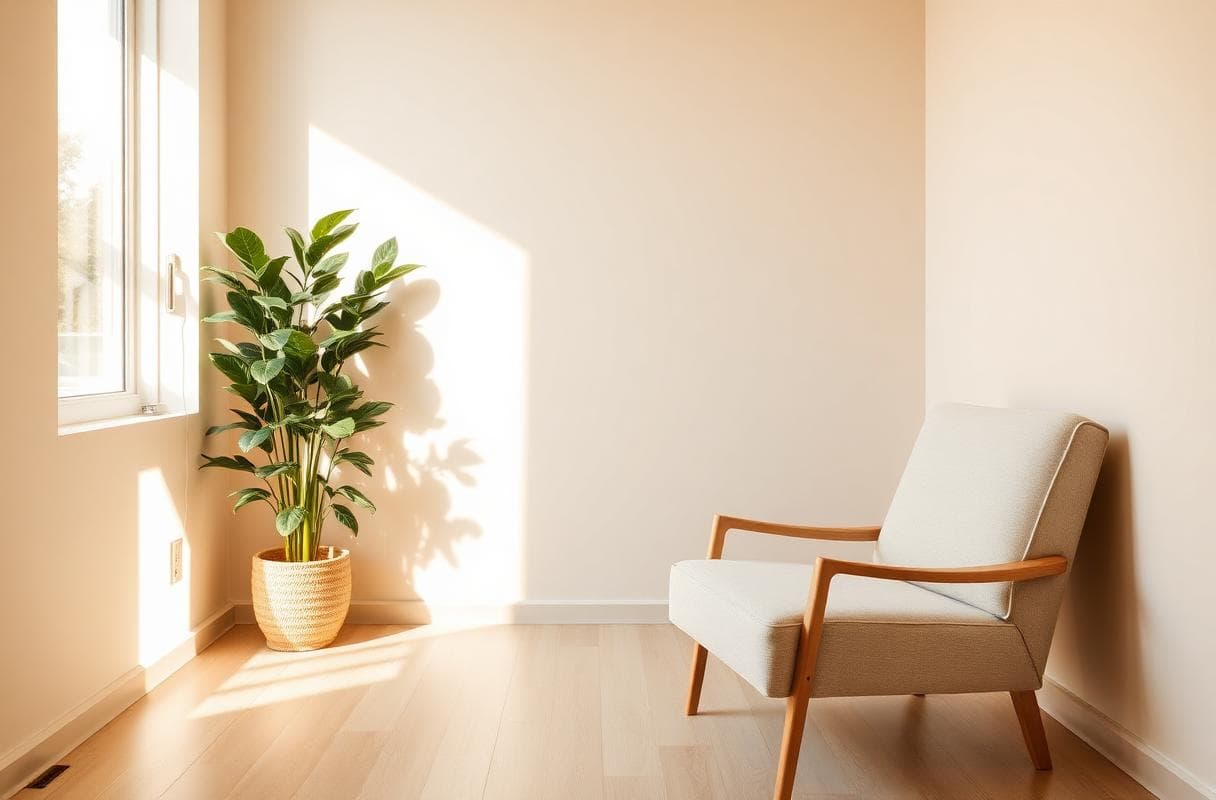 Consultório acolhedor com cadeira de madeira clara e planta verde